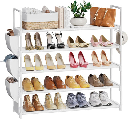 VILICK 5 Tier Shoe Rack with Hook and Side Pocket,Shoe Organizer Space Saver Storage for 20-25 Pair Shoe Storage Shelf Sturdy Free Standing Long Shoe Rack Organizer for Closet,Entryway,Small Spaces