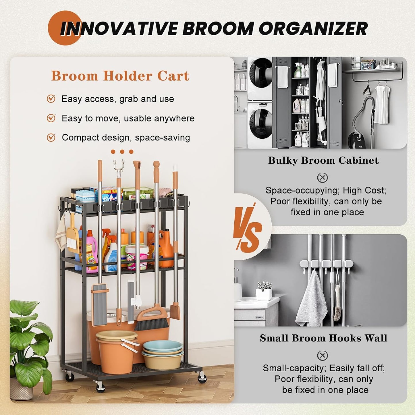 Olakee Taller Broom Holder with Cleaning Supplies Organizer, Broom Closet Storage Cabinet with Mop Hanger Gripper Rack Hooks, Housekeeping Janitorial Cart with Cleaning Caddy, Garage Home Improvement