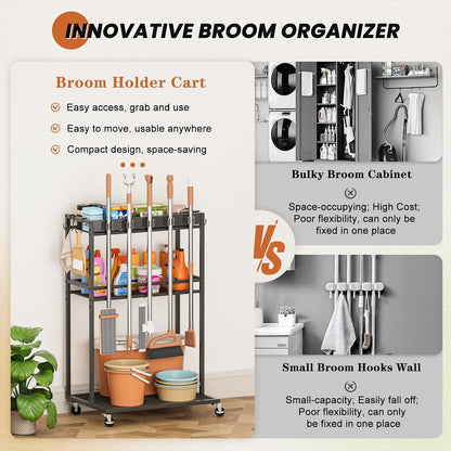 Olakee Taller Broom Holder with Cleaning Supplies Organizer, Broom Closet Storage Cabinet with Mop Hanger Gripper Rack Hooks, Housekeeping Janitorial Cart with Cleaning Caddy, Garage Home Improvement