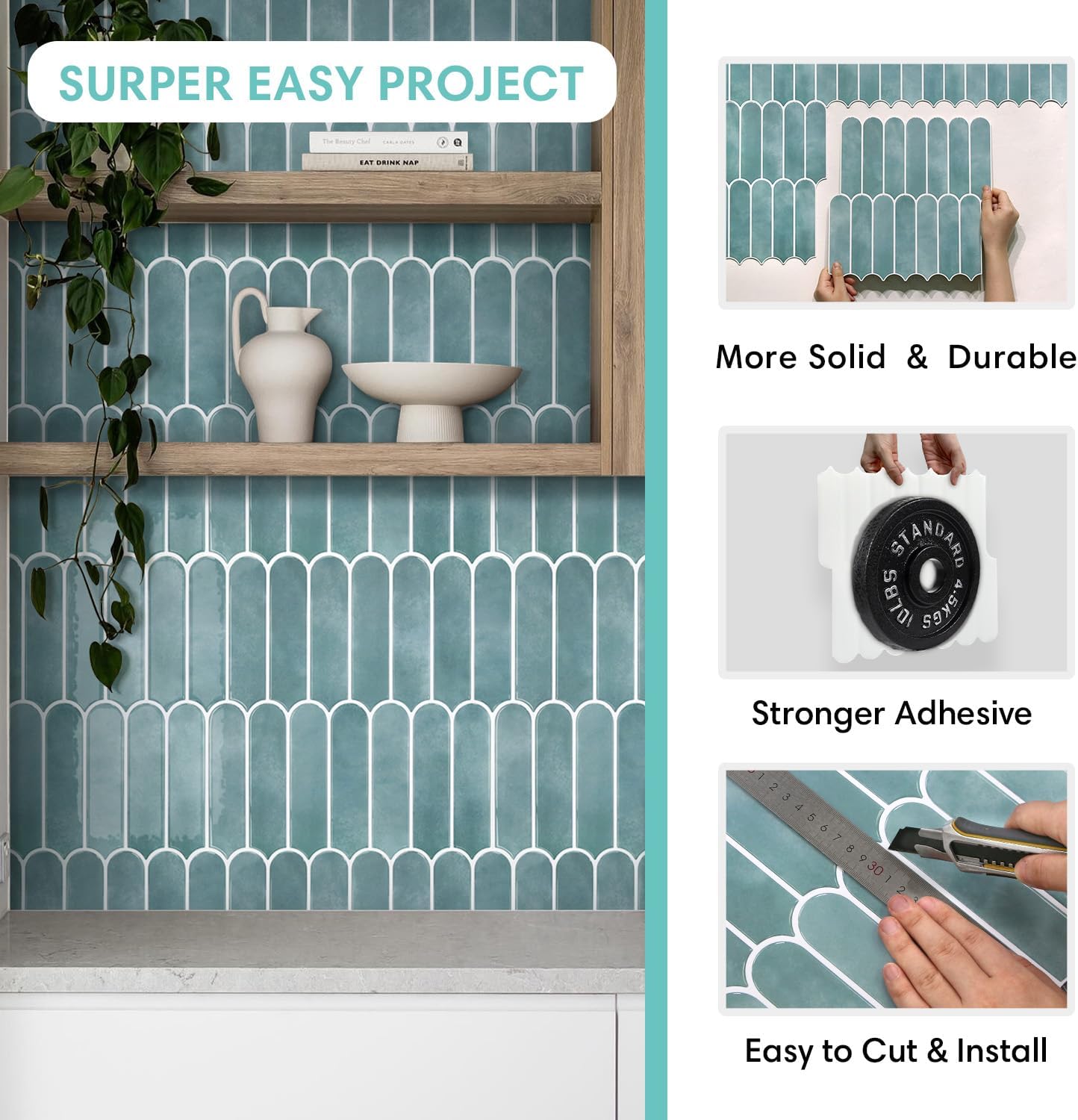 Commomy Thicker Ocean Mist Peel and Stick Backsplash - 10 pcs of 12" x 12" - 3D Adhesive Peel and Stick Tiles Backsplash for Kitchen, Bathroom, Removable, Waterproof, Vinyl Wall Tile