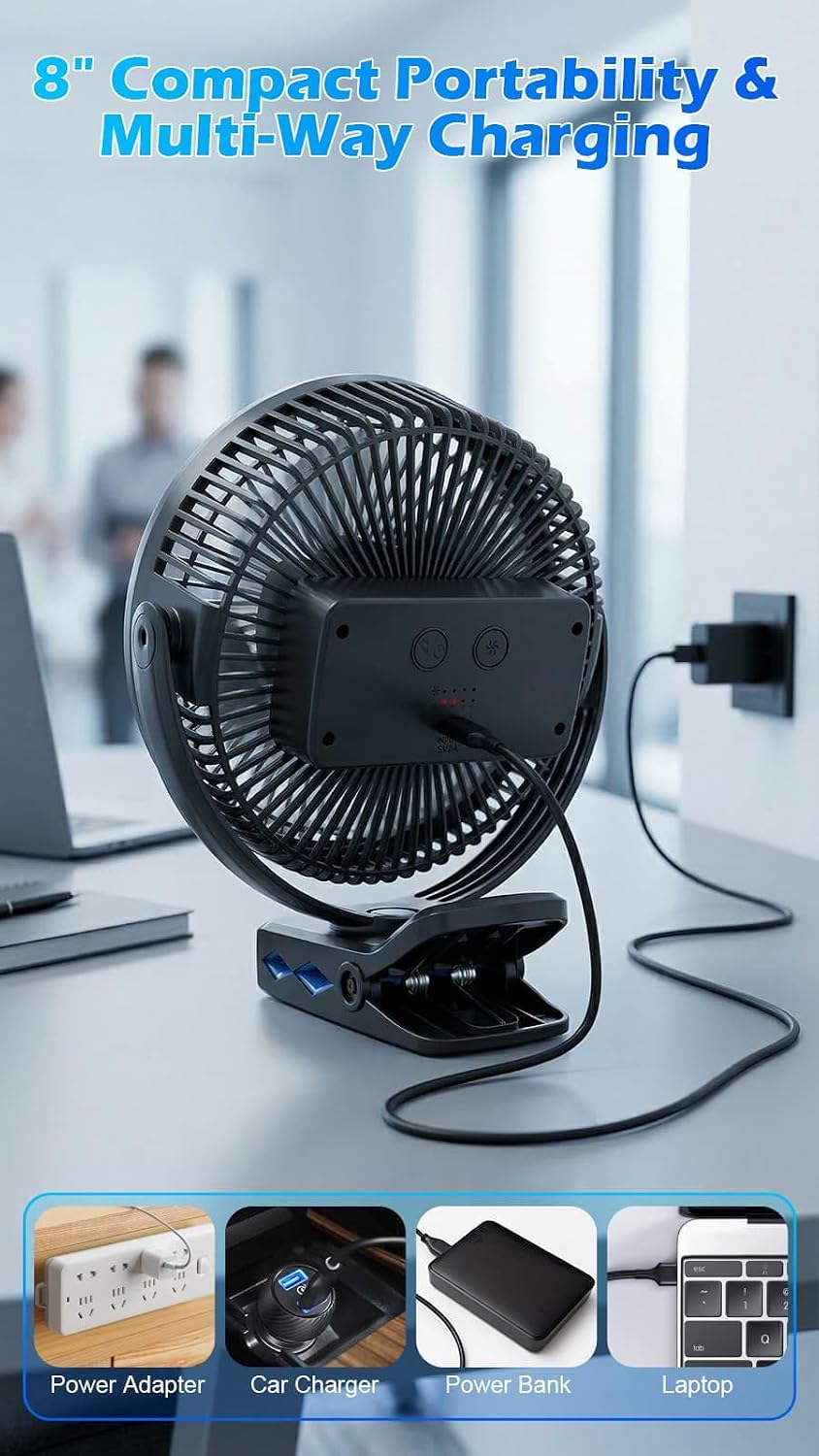 Meudeen 5000mAh Rechargeable Clip on Fan - 6 Inch Portable Fan - with Timer & LED Lantern - Battery Powered Golf Cart Fan - 5 Speeds Quiet Small Desk Fan for Camping - Stroller - Bedroom