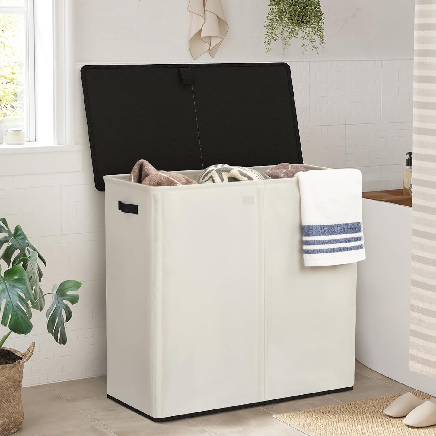 WOWLIVE Laundry Hamper with Lid,160L Large Laundry Basket 3 Section with Removable Washing Bags,Collapsible Waterproof Dirty Clothes Hamper for Laundry Room Bathroom Dorm,Beige