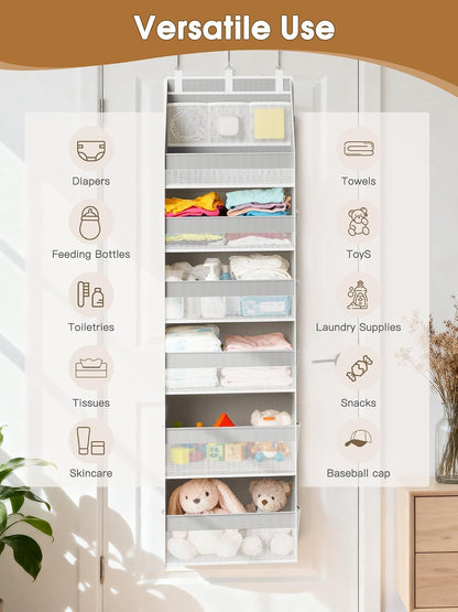 Criusia Over The Door Organizer, Heavy-Duty 6-Shelf Hanging Storage with 13 Mesh Pockets, 55lbs Capacity Behind The Door Storage for Nursery, Bathroom, Bedroom, and Dorm, Grey