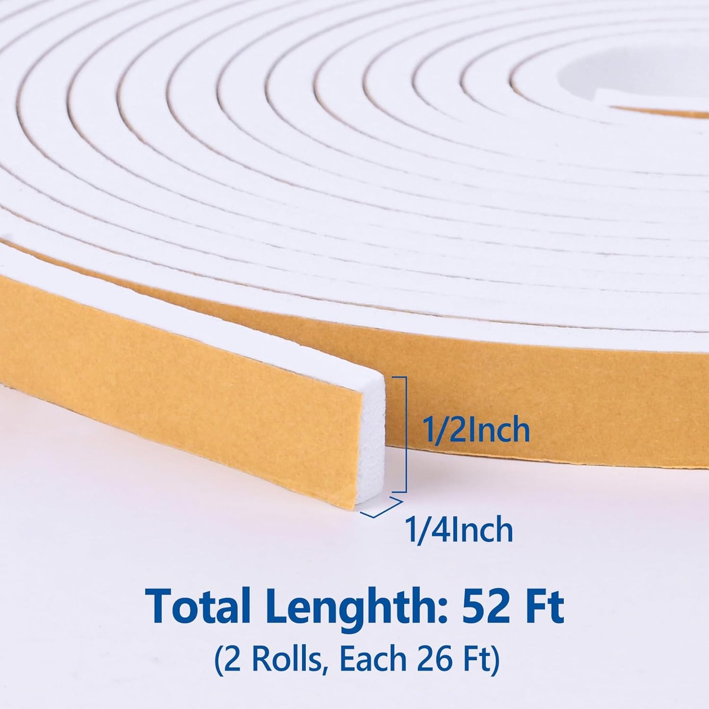 Self Adhesive Foam Tape Weatherstrip 1/2in x 1/4in x 42Ft High Density Foam Insulation Strips Foam Seal Weather Stripping with Strong Adhesive for Door and Window Sound Isolation Soundproofing, White