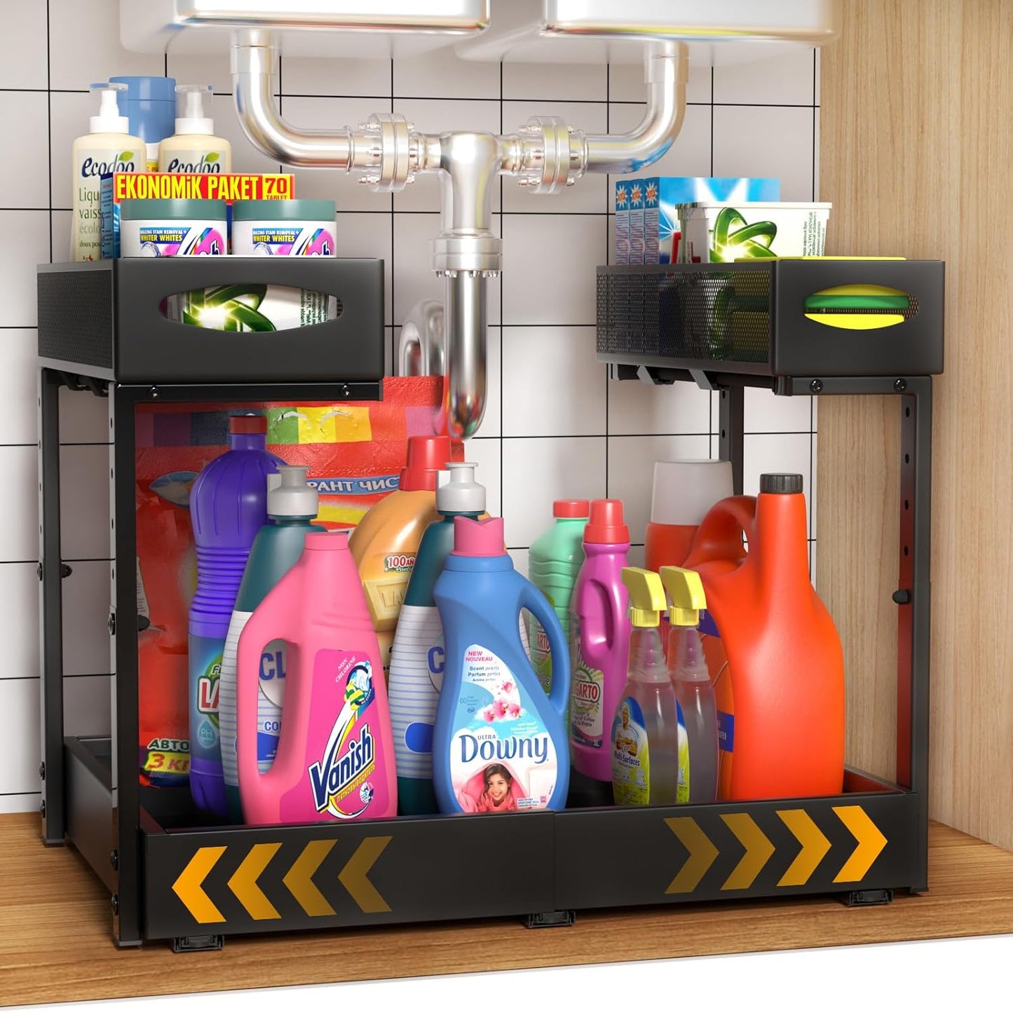 Housolution Under Sink Organizer, 2-Tier Pull Out Cabinet Organizers, Expandable Width 14"-21" & Adjustable Height 13"-17", Metal Cabinet Storage Rack with 3 Slide Rails for Kitchen Bathroom