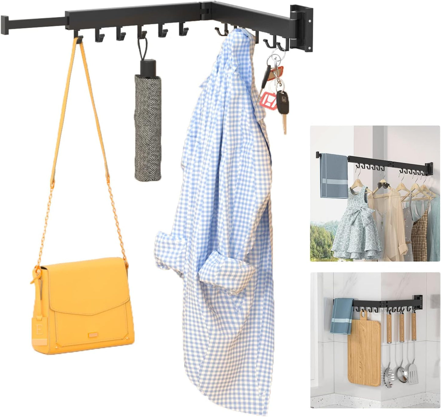 ptlsy Wall Mounted Portable Folding Clothes Drying Rack with Hooks,Space Saver Clothes Hangers Design Universal for Balcony, Mudroom, Bedroom, Kitchen, Foldable Laundry Rack (3-Pole Black)