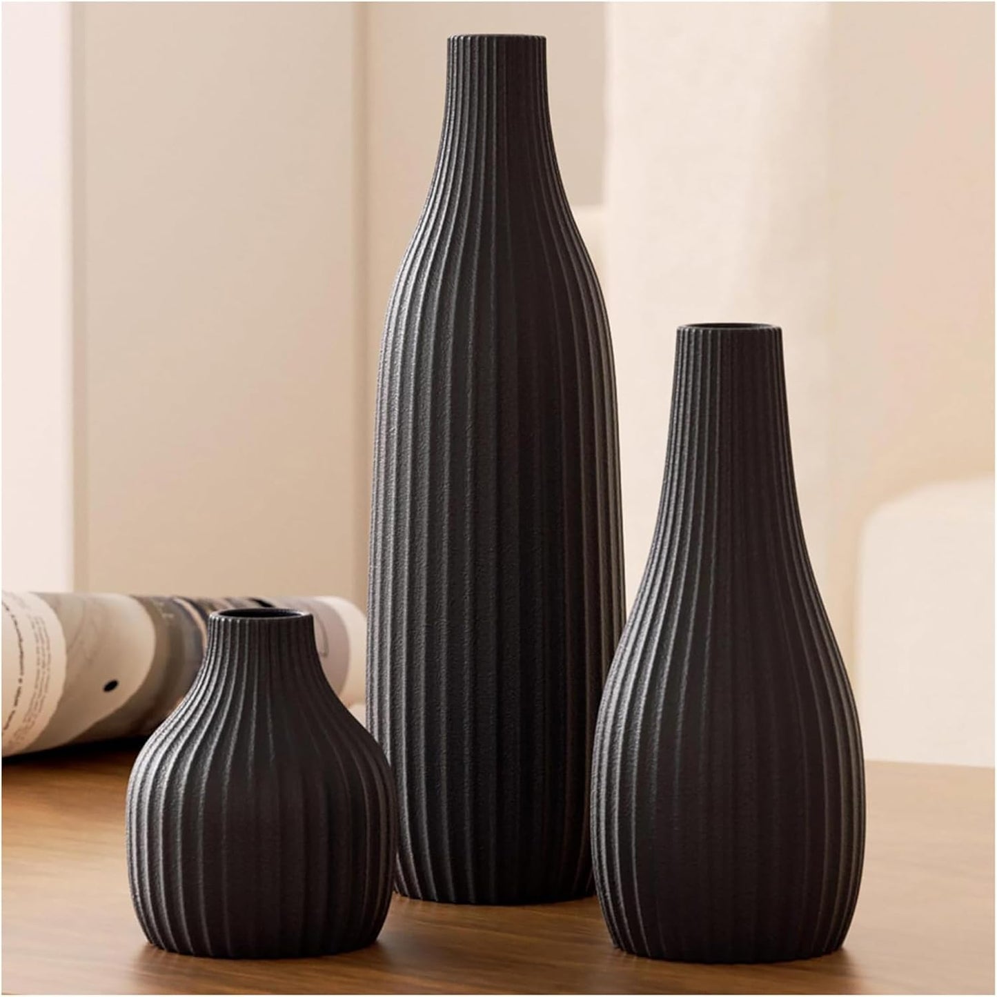 Minimal Line White Ceramic Vase Set of 3 - Modern Nordic Boho Decorative Vases for Home Table Decor, Shelf, Entryway, Coffee Table, Dining Table Centerpiece, Fireplace Mantel - Matte White