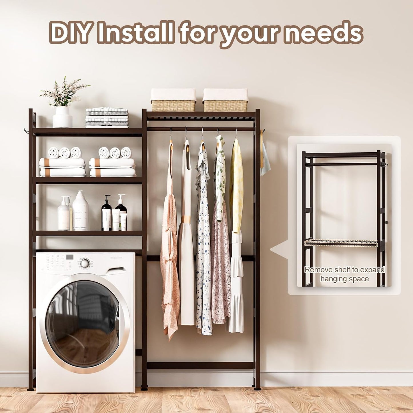 Cozivolife Over The Washer and Dryer Storage Shelf Bamboo,5 Tiers Laundry Room Drying Rack with Adjustable Shelves and 4 Hooks,Space Saver Organizer for Hanging Clothes and Towels (White)