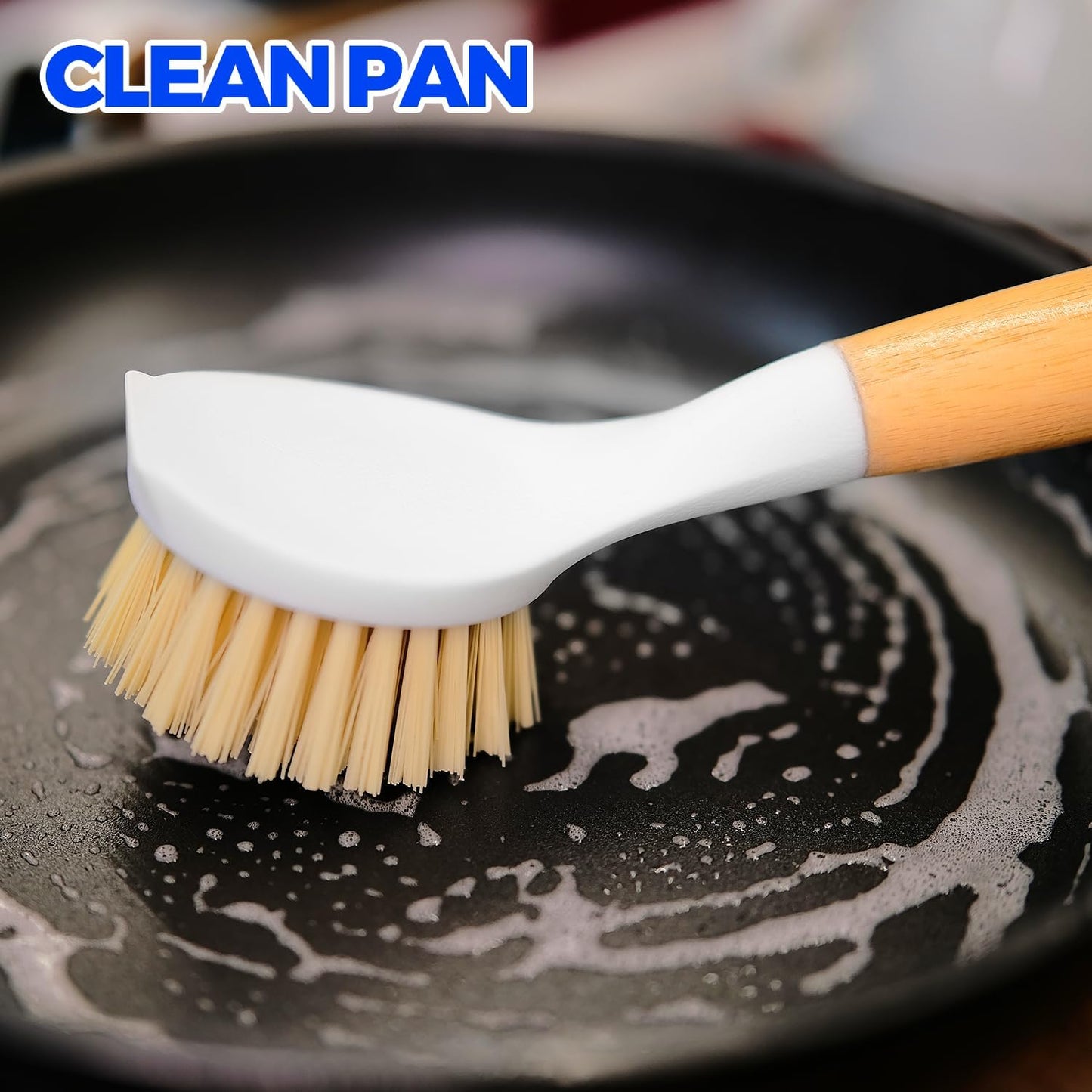 Holikme 3 Pack Dish Brush Set with Bamboo Handle, Kitchen Brushes for Cleaning Pot, Sink and Stove, Skillet Scrubber with Tough Bristles for Cast Iron Grill Pan, White Yellow Black