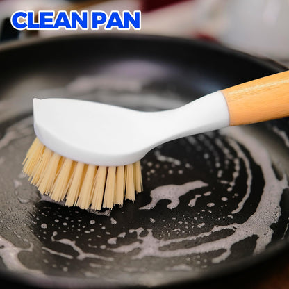 Holikme 3 Pack Dish Brush Set with Bamboo Handle, Kitchen Brushes for Cleaning Pot, Sink and Stove, Skillet Scrubber with Tough Bristles for Cast Iron Grill Pan, White Yellow Black
