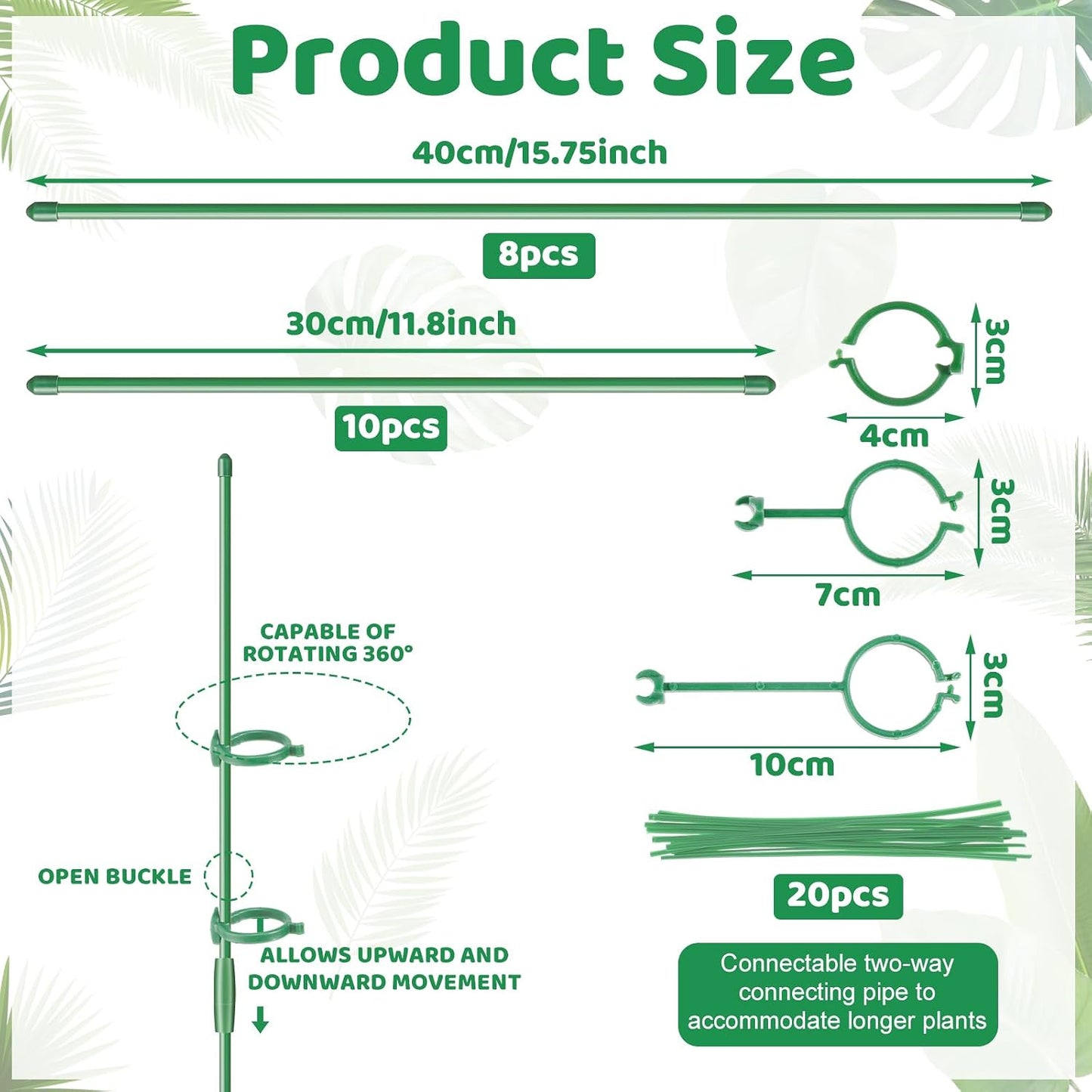 16inch & 12inch Plant Stakes, 18Pcs Adjustable Plant Support Stake Plant Sticks for Indoor Outdoor Green Poles with Rings Clips & Ties for Potted Plants Monstera Tomato Orchid Flower