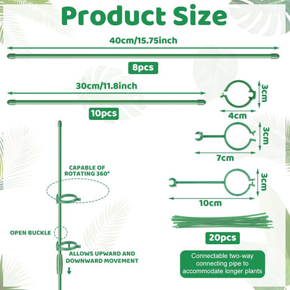 16inch & 12inch Plant Stakes, 18Pcs Adjustable Plant Support Stake Plant Sticks for Indoor Outdoor Green Poles with Rings Clips & Ties for Potted Plants Monstera Tomato Orchid Flower
