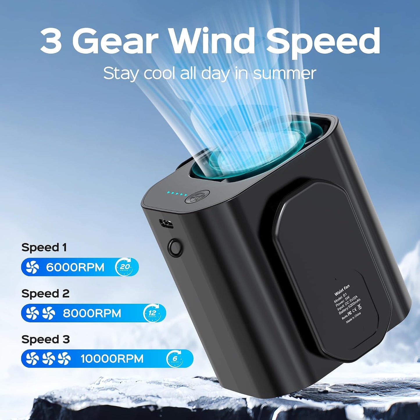10000PRM Portable Waist Clip Fan Rechargeable Working Up to 20Hrs 3 Speeds Strong Turbo Airflow Personal Belt Neck Fan Clip on Waist for Golf Camping Outdoor Jobsite