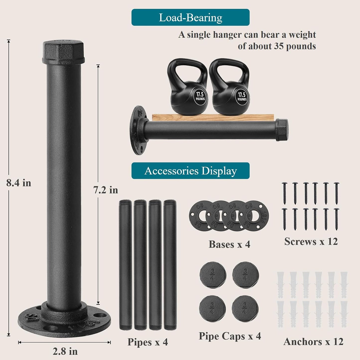 Cast Iron Wall Mounted Clothes Rack, Heavy Duty Industrial Pipe Clothing Rack for Hanging Clothes, Garment Racks for Wardrobe Organizers and Storage, DIY Closet Rods Closet Bar (Black 2 Pack, 12 in)