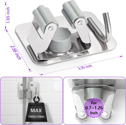 Stainless Steel Broom Holder, Heavy Duty, Rust Resistant, 4 Gripper Positions with 4 Hooks, Black
