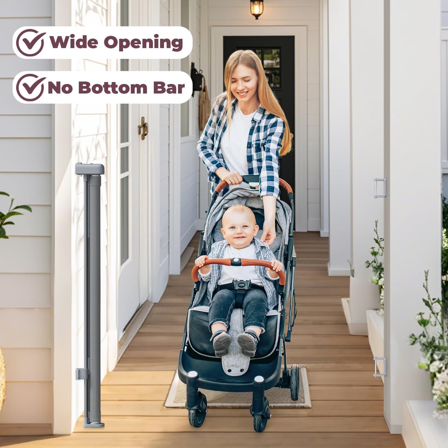 Retractable Baby Gate for Stairs & Doorways, Mesh Dog Gate Indoor Outdoor, Extends to 55" Wide 34" Tall Child Gate for Hallways, Deck, Porch, Pet Toddler Safety Essentials, Easy Install, Grey