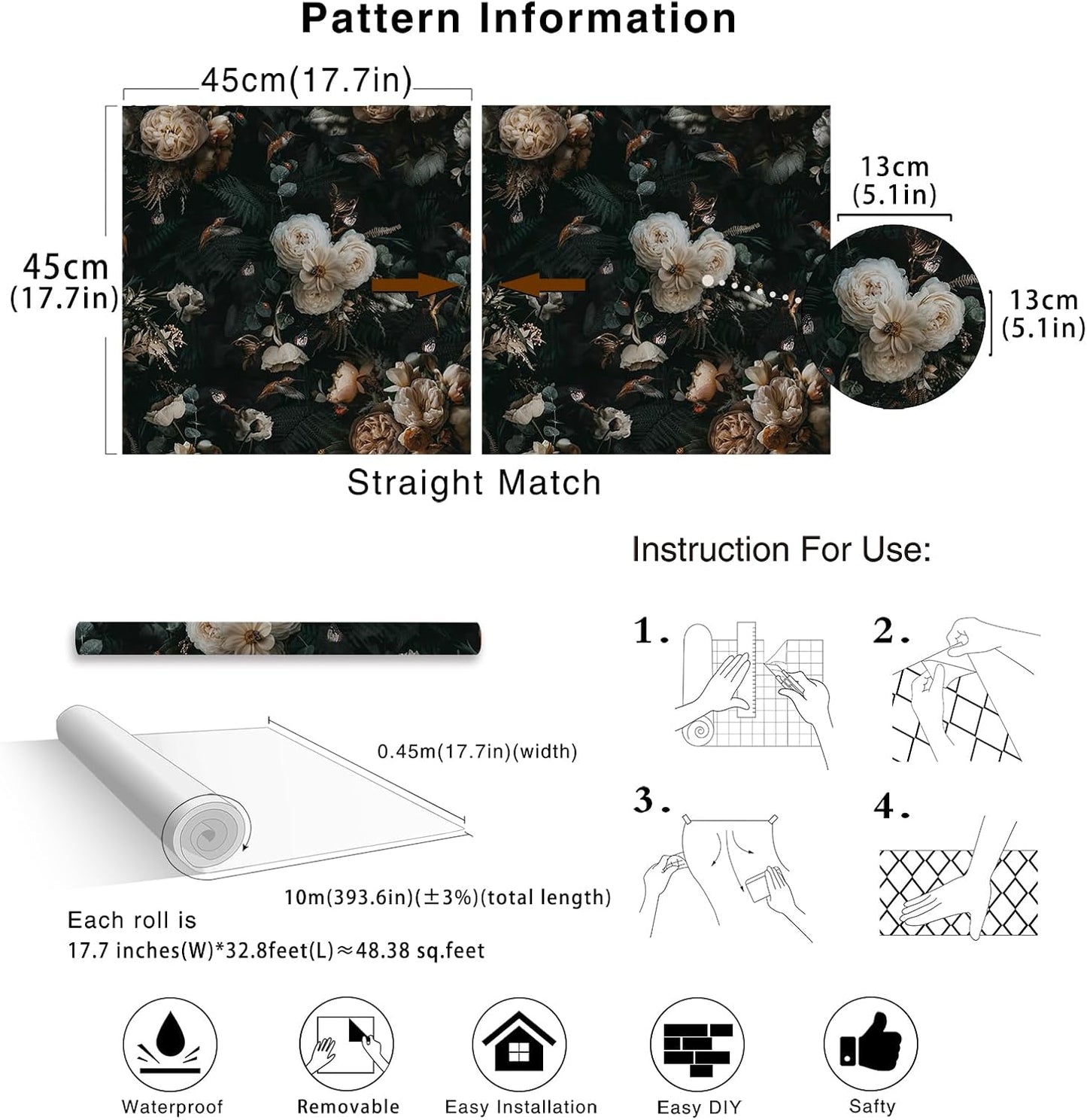 Floralplus Peel and Stick Wallpaper Removable Dark Floral Wallpaper 17.5 x 393 in Renter Friendly Wallpapers for Bedroom Accent Wall Black Floral Contact Paper Flower Wall Mural