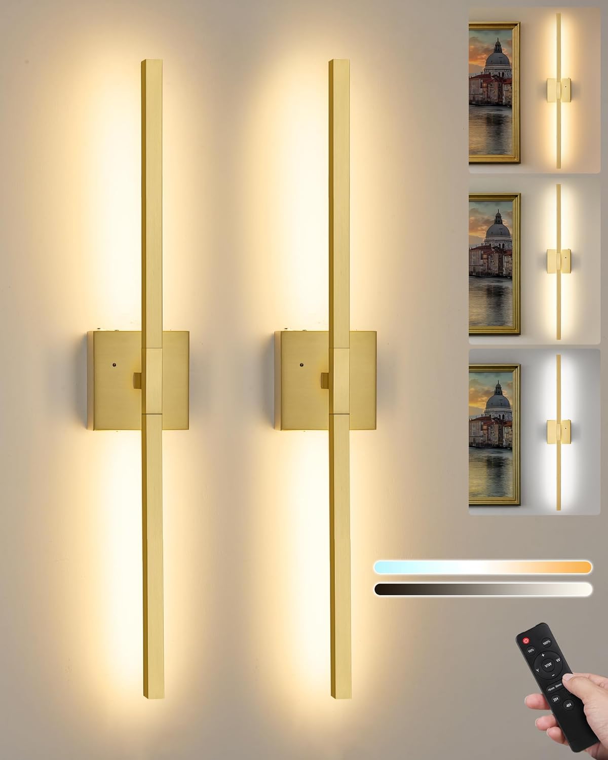 8000mAh Battery Operated Wall Sconce with Remote Control, 3000K-6000K Dimmable Black Wireless Rechargeable Wall Sconces Set of Two with Timer Function for Living Room, Bedroom, Stairwell, TV 24 Inch