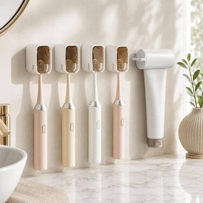 ROOM127 Wall Mounted Toothbrush Holder Set with Toothpaste Dispenser, Amber | 5-Piece Set with 4 Covered Individual Slots, No-Drill Adhesive Mount and Pump-Style Squeezer for Manual or Electric Brushes
