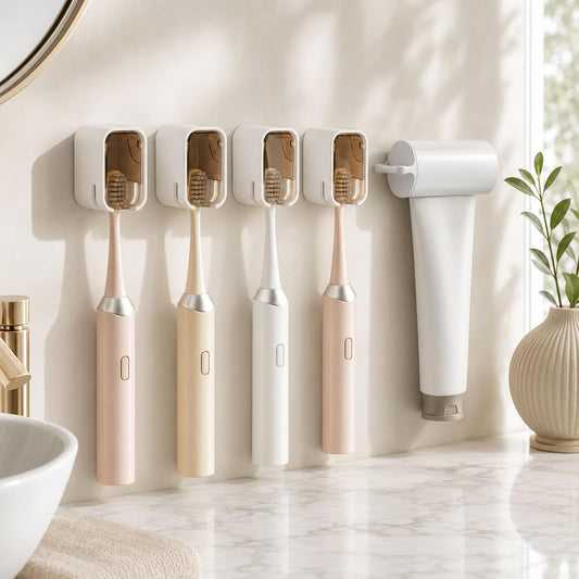 ROOM127 Wall Mounted Toothbrush Holder Set with Toothpaste Dispenser, Amber | 5-Piece Set with 4 Covered Individual Slots, No-Drill Adhesive Mount and Pump-Style Squeezer for Manual or Electric Brushes