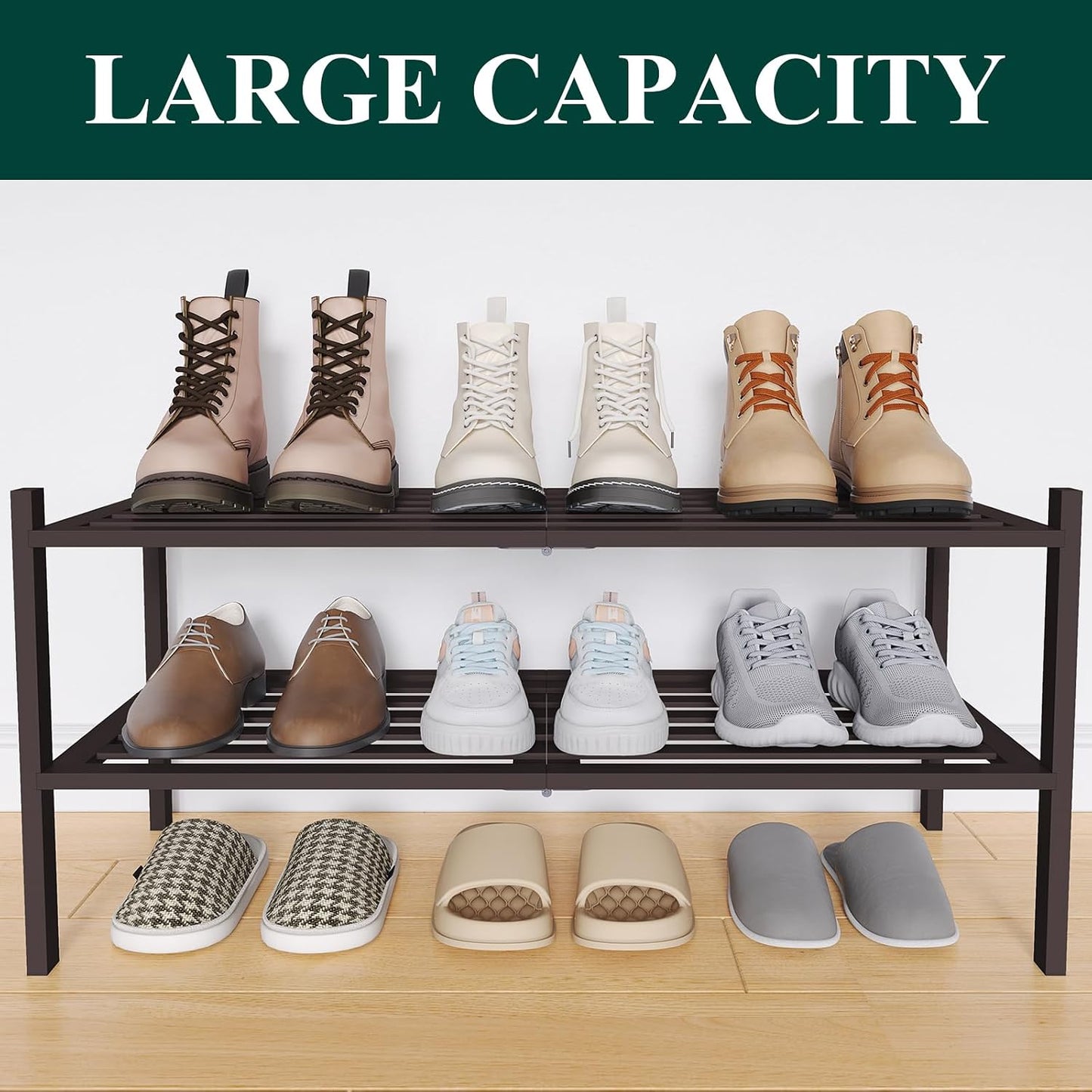 Smiry Bamboo Shoe Rack, 3 Tier Free Standing Wooden Shoe Organizer, Stackable Wood Shoe Storage Shelf for Closet, Entryway, 5 Horizontal Slats, 26.8"x11"x18.3", Natural