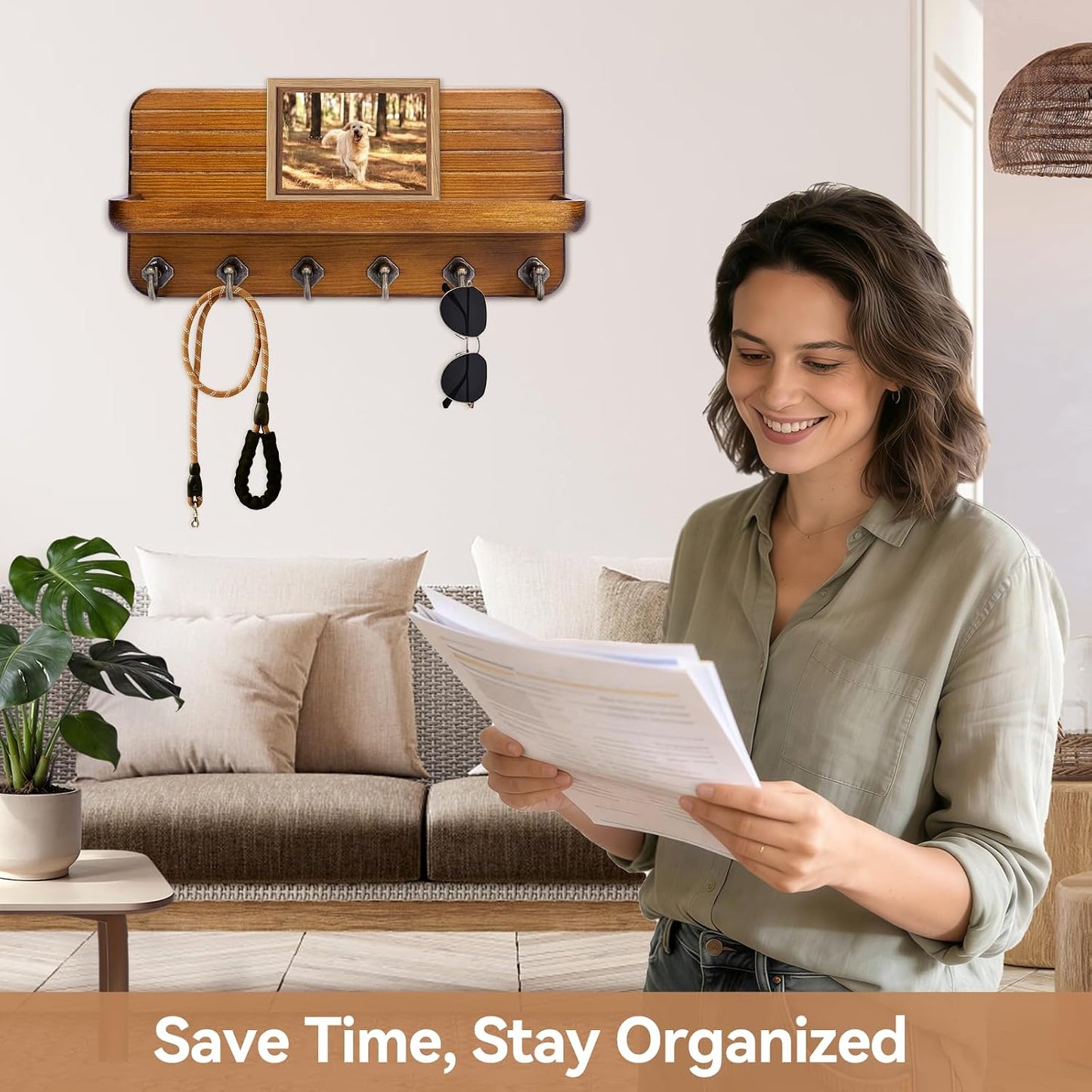 Key Holder for Wall, Mail Organizer Wall Mount with 6 Hooks Wooden Hanging Key Rack for Home Decor, Hallway, Entryway (Brown)