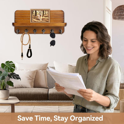 Key Holder for Wall, Mail Organizer Wall Mount with 6 Hooks Wooden Hanging Key Rack for Home Decor, Hallway, Entryway (Brown)