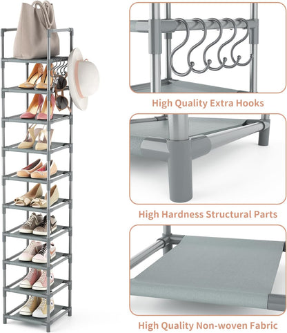 LANTEFUL Tall Narrow Shoe Rack for Entryway, 10-Tier Sturdy Metal Shoe Shelf Storage 10-15 Pairs of Shoes and Boots, Space Saving Corner Shoe Rack Organizer for Closet,Doorway,Garage,Living Room