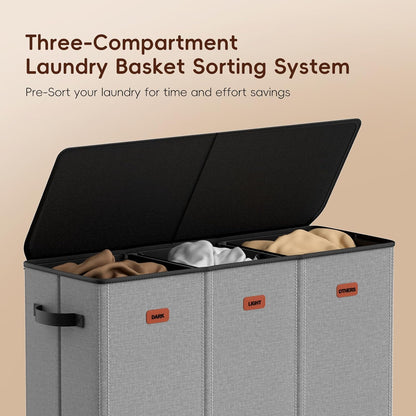 185L Laundry Hamper 3 Section, Laundry Hamper with Lid, Dirty Clothes Hamper with 3 Removable Washing Bags, Extra Large Laundry Basket Organizer for Bedroom, Laundry Room, Dorm - Black