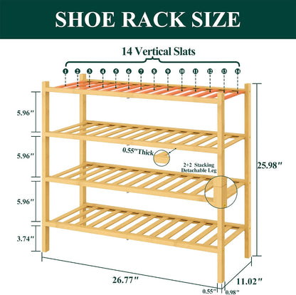 Smiry Bamboo Shoe Rack for Closet, 3 Tier Wooden Shoe Organizer, Stackable Wood Shoe Storage Shelf for Entryway, 14 Vertical Slats, One-piece Heavy-Duty Legs, 26.77"x11.02"x18.31", Natural