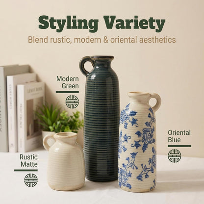 Ceramic Vase Set of 3 with Handles, Green White Neutral Rustic Modern Farmhouse Boho Decor, Versatile as Table Centerpiece or Mantel & Shelf Accent - Unique Home Gift Idea