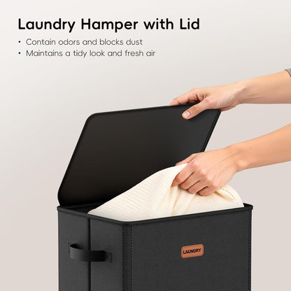 185L Laundry Hamper 3 Section, Laundry Hamper with Lid, Dirty Clothes Hamper with 3 Removable Washing Bags, Extra Large Laundry Basket Organizer for Bedroom, Laundry Room, Dorm - Black