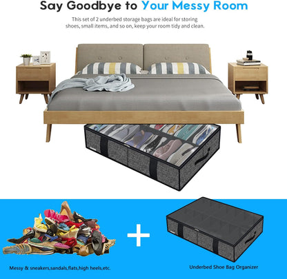 Onlyeasy Sturdy Under Bed Shoe Storage Organizer, Set of 2, Fit 12 to 24 Pairs, Underbed Shoes Closet Storage Solution with Clear Window, Breathable, L29.3 x W23.6 x H5.9, Linen-like Black, MXAUBSB2P