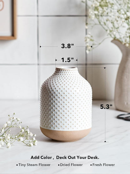 Small Boho Vase for Decor,Rustic Farmhouse Vase for Pampas Grass,Eucalyptus Set and Tiny Stem Flowers,Ceramic for Centerpieces, 5.3 Inch,Wave-Arctic White