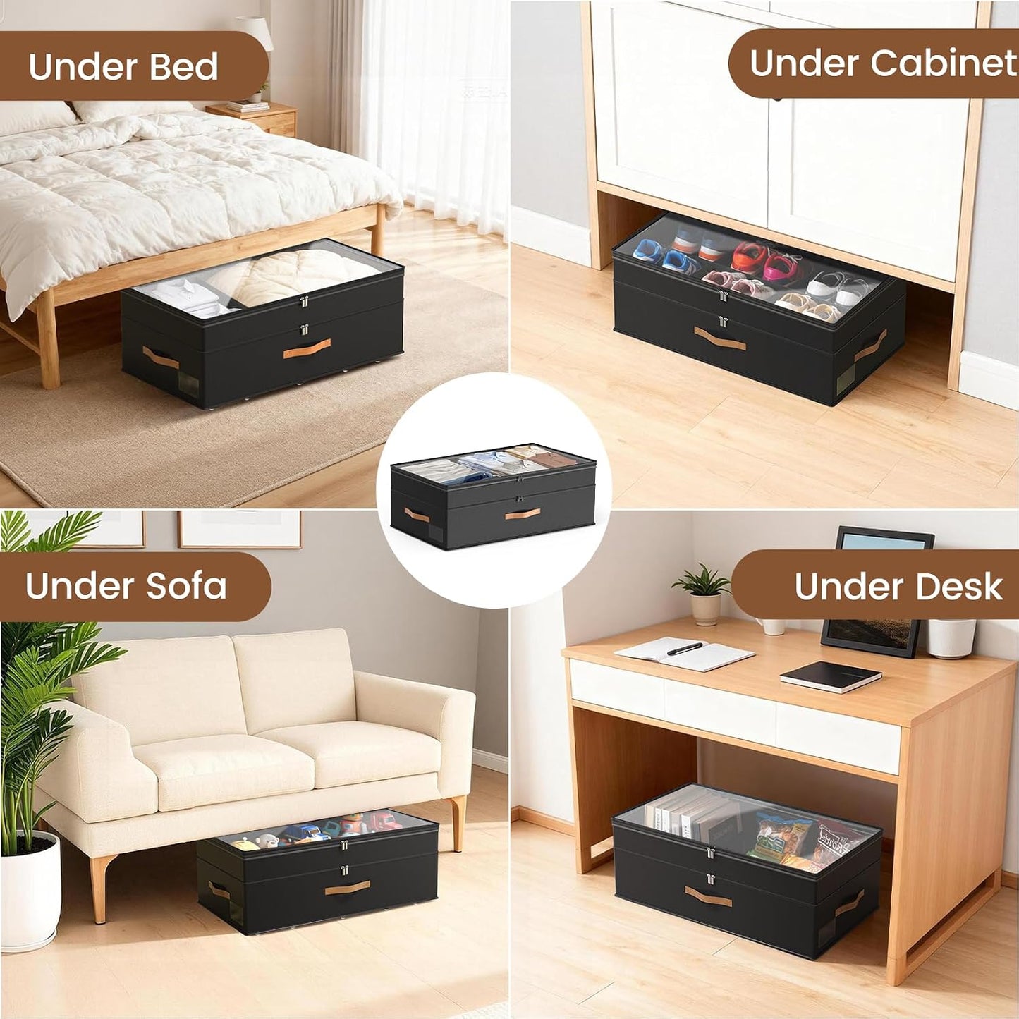 Under Bed Storage with Wheels, 2-Pack Underbed Storage Containers, No Assemble 11 inches 90L XXL Large Adjustable Storage Bins with Clear Lids, Rolling Storage for Clothes, Shoes, Blankets, Gray