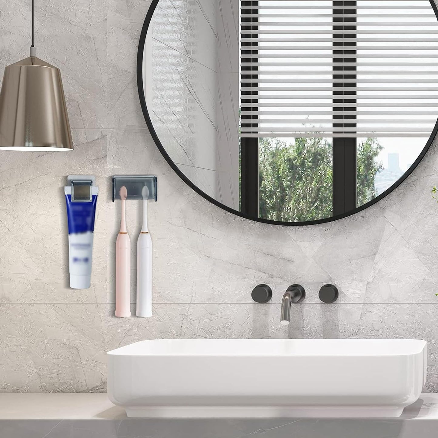 5 Slots Toothbrush Holder Wall Mount with Cover, Self Adhesive Toothbrushes Storage Organizer Perfect for Dorm Bathrooms and Shower, Holds 5 Toothbrushes. (White)