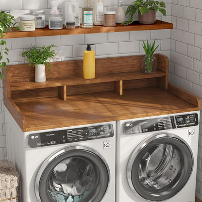 54" 2 Tier Washer Dryer Countertop with Storage Shelf, Waterproof MDF Laundry Room Organizer, Folding Station, Mechanically Joined Two-Panel Countertop (Walnut Brown)