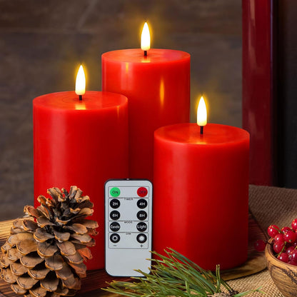 Eywamage White Real Wax Flameless Pillar Candles with Remote, Flickering Flat Top LED Battery Candles Set of 3