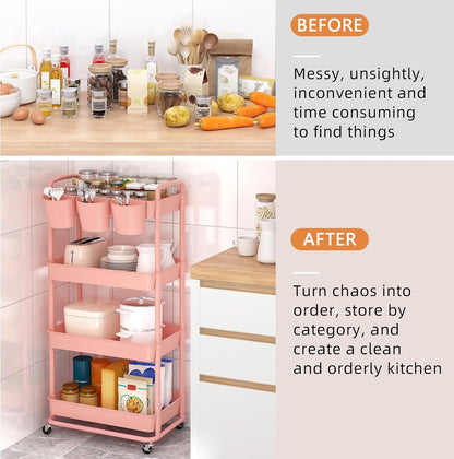 JIUYOTREE 4-Tier Plastic Rolling Storage Cart Utility Cart with Extra Hanging Cups Handles Lockable Wheels for Living Room Bathroom Kitchen Office White