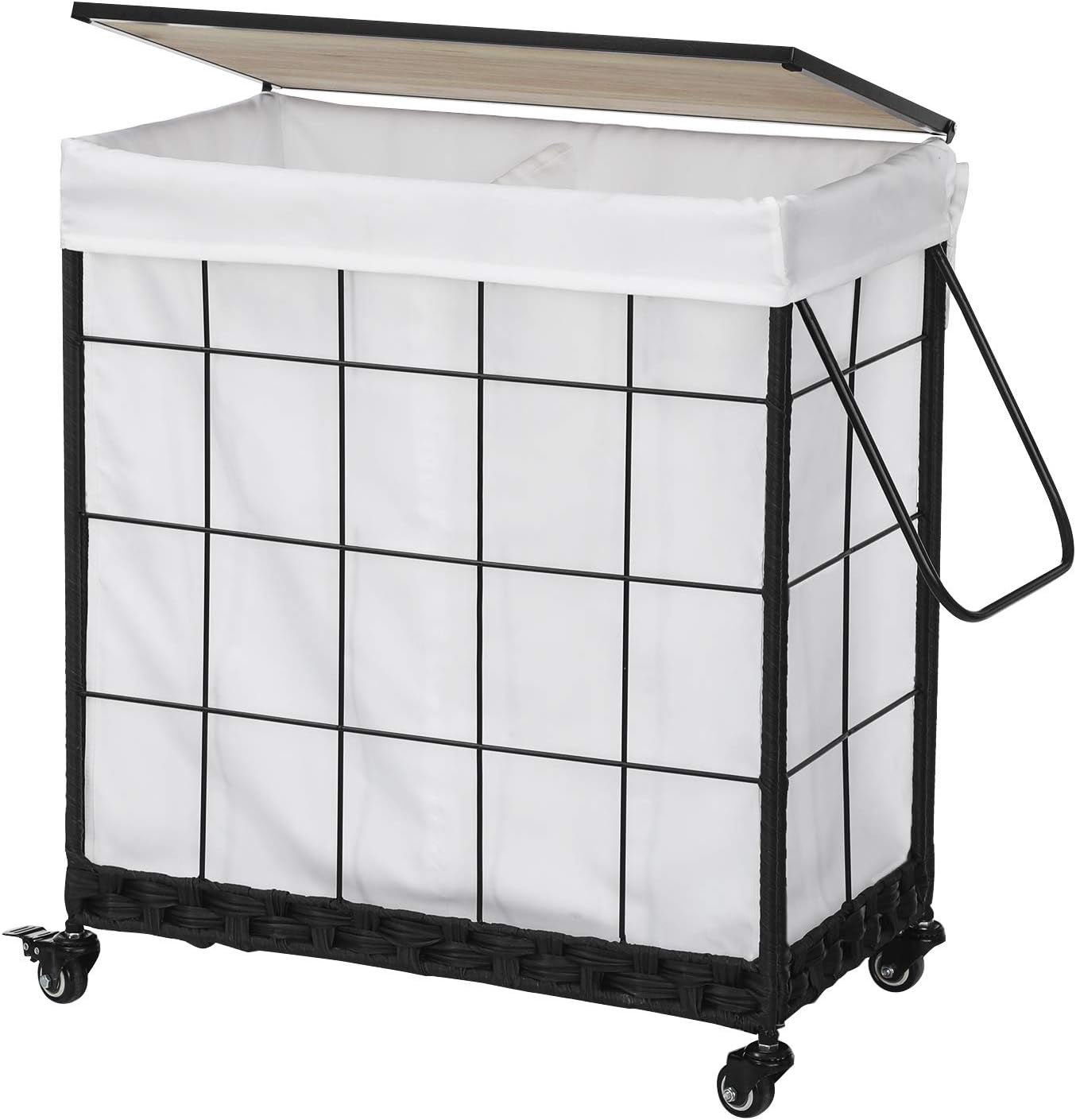 Laundry Hamper with Heavy Duty Caster Wheels; 3 Sections Clothes Hamper with Lid; 132L Laundry Basket with Removable Liner Bag; Laundry Sorter with Metal Handle (White)