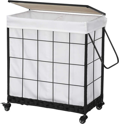 Laundry Hamper with Heavy Duty Caster Wheels; 3 Sections Clothes Hamper with Lid; 132L Laundry Basket with Removable Liner Bag; Laundry Sorter with Metal Handle (White)