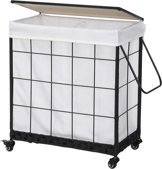 Laundry Hamper with Heavy Duty Caster Wheels; 3 Sections Clothes Hamper with Lid; 132L Laundry Basket with Removable Liner Bag; Laundry Sorter with Metal Handle (White)