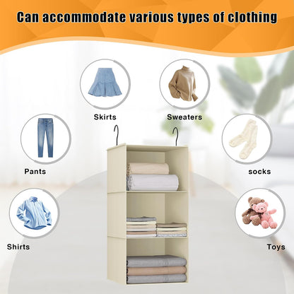 Hanging Closet Organizer 3-Shelf, Oxford Fabric Wardrobe Storage, Gray | Easy-mount foldable design holds clothes, handbags, shoes & accessories; washable Oxford fabric, sturdy and space-saving.