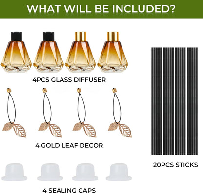 Reed Diffuser Set - 4 Empty Bottles with 20 Sticks, Delicate Gold Leaf Decor, Glass Fragrance Diffuser with Lids for Home, Bathroom | Refillable, Diamond Style (4 PCS Black)