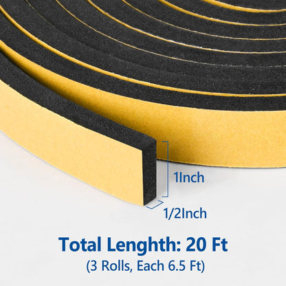 Kikerike Self Adhesive Foam Tape Weatherstrip 1/2In x 1/4In x 16.5Ft High Density Foam Insulation Strips Seal Weather Stripping with Strong Adhesive for Door and Window Sound Isolation Soundproofing
