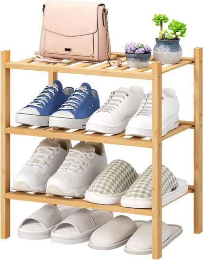 viewcare 3-Tier Black Bamboo Shoe Rack for Entryway, Stackable | Foldable | Natural, Shoe Shelf Storage Organizer for Hallway Closet, Free Standing Shoe Racks for Indoor Outdoor