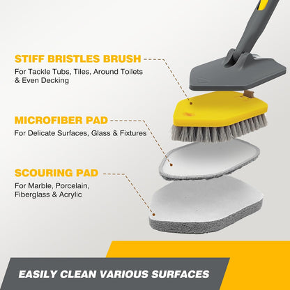 Shower Scrubber with Long Handle for Cleaning, 56" Extendable 3 in 1 Shower Cleaner Brush, Interchangeable Tub Scrub Brush Attachment for Cleaning Bathroom Bathtub Floor Wall