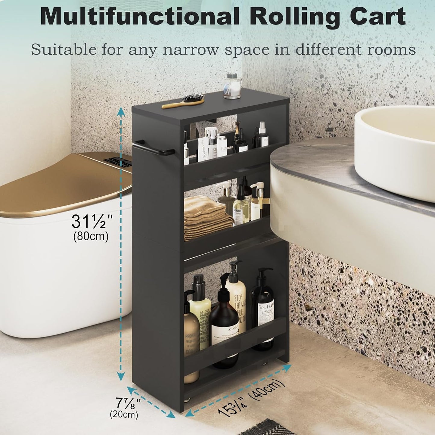 MARTY Slim Rolling Storage Cart 4-Tier Kitchen Cart with Wheels, Laundry Room Storage with Handle Slide Out Utility Cart Shelving Unit Organizer Trolley for Narrow Places Bathroom Small Corner, Black