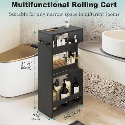 MARTY Slim Rolling Storage Cart 4-Tier Kitchen Cart with Wheels, Laundry Room Storage with Handle Slide Out Utility Cart Shelving Unit Organizer Trolley for Narrow Places Bathroom Small Corner, Black