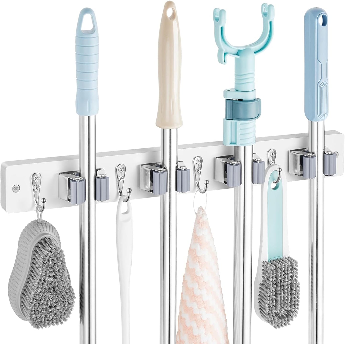 OUTNILI Mop and Broom Holder Wall Mount - Wood Broom Mop Hanger - Wall Mounted Garden Tool Rack Organizer for Closet Garage Laundry Room for Rustic Kitchen Decor With 5 Slots & 4 Hooks